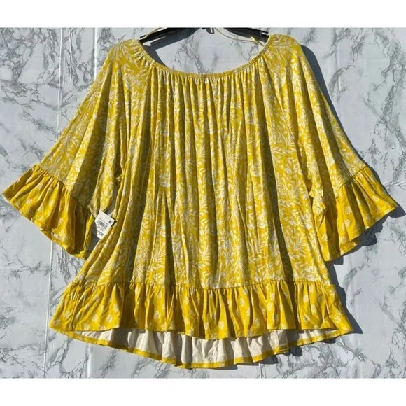 Style & Co XL Yellow Floral Bell Sleeve On Off Knit Top Dainty Ochre Rayon Blend - Picture 3 of 10